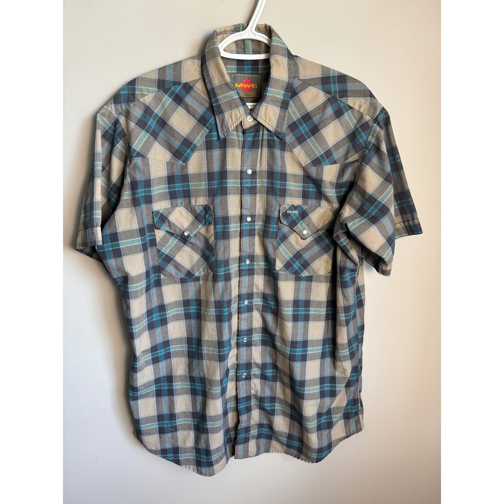 MWG Mens Gray Blue Plaid Western Pearl Snap Shirt L Cowboy Rugged Workwear